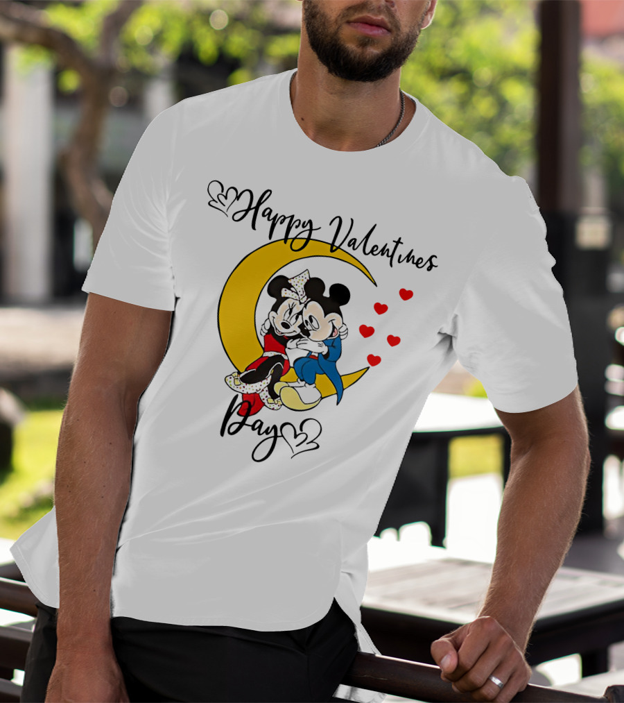 Happy Valentines Day Mickey Mouse And Minnie Mouse Cuddling On Crescent Moon With Hearts T-Shirt