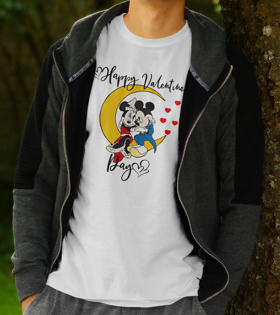 Happy Valentines Day Mickey Mouse And Minnie Mouse Cuddling On Crescent Moon With Hearts T-Shirt