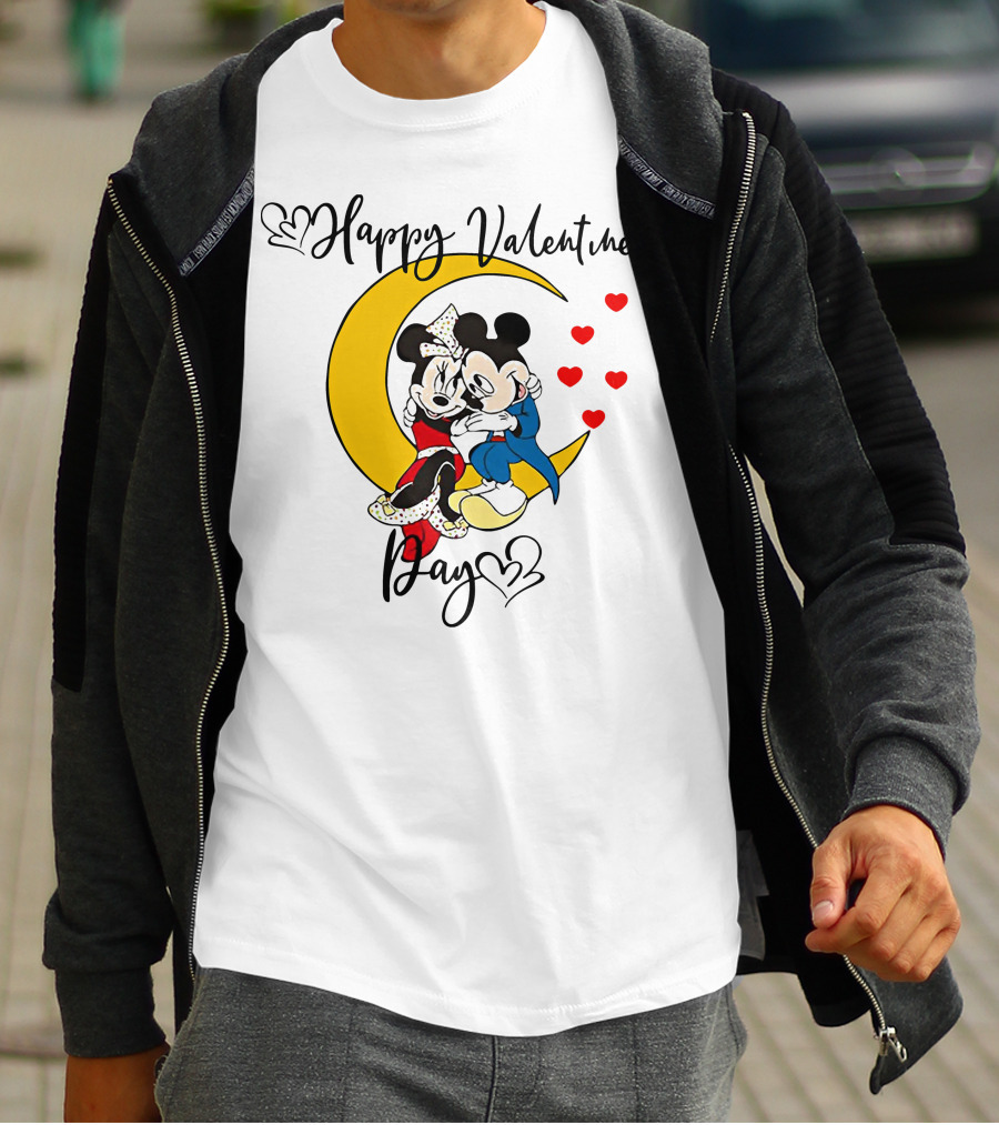 Happy Valentines Day Mickey Mouse And Minnie Mouse Cuddling On Crescent Moon With Hearts T-Shirt