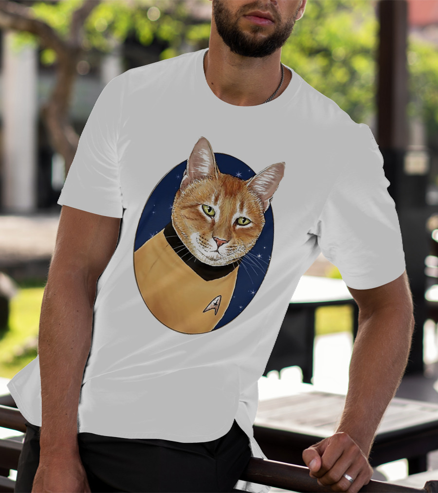 Star Trek Cat In Captain Uniform With Emblem On Starry Background T-Shirt