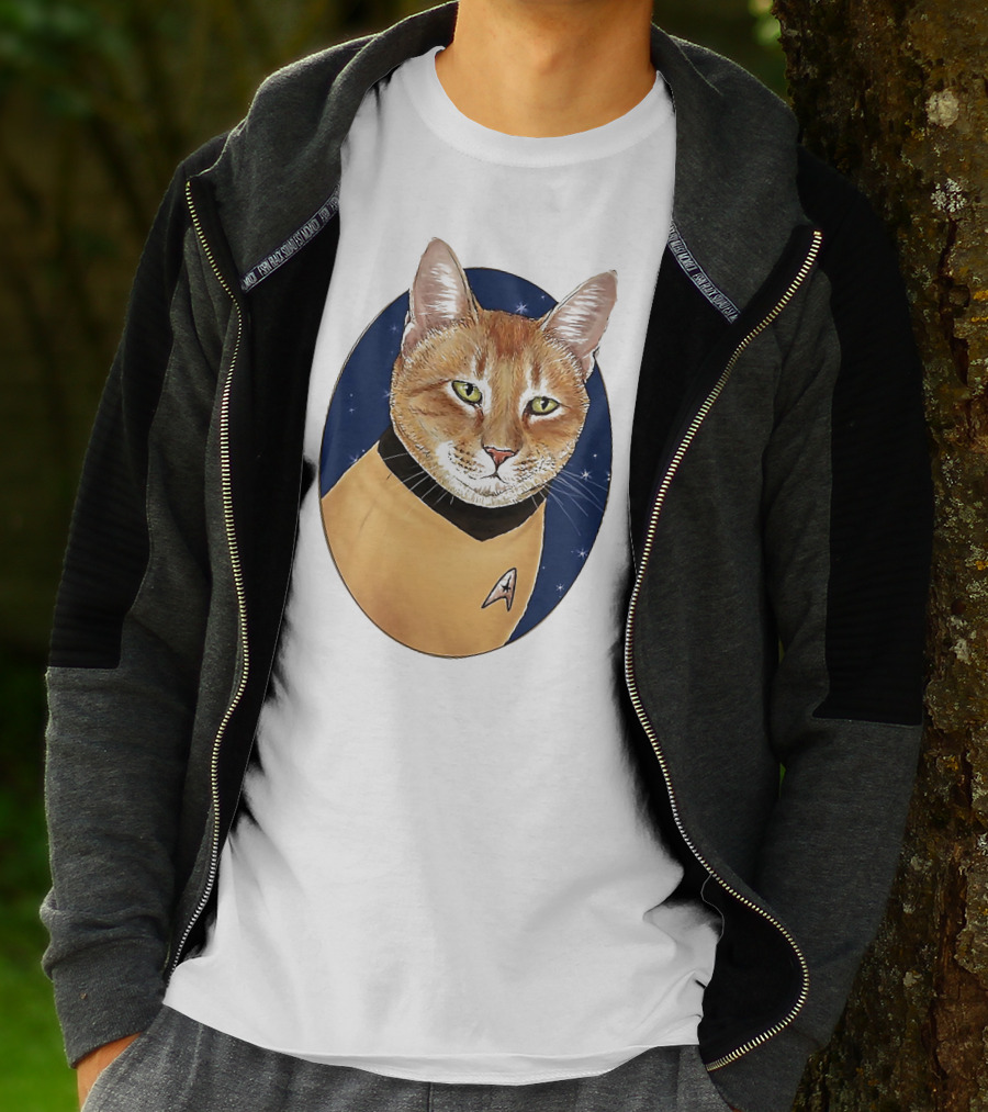 Star Trek Cat In Captain Uniform With Emblem On Starry Background T-Shirt