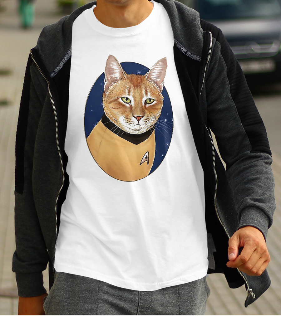 Star Trek Cat In Captain Uniform With Emblem On Starry Background T-Shirt