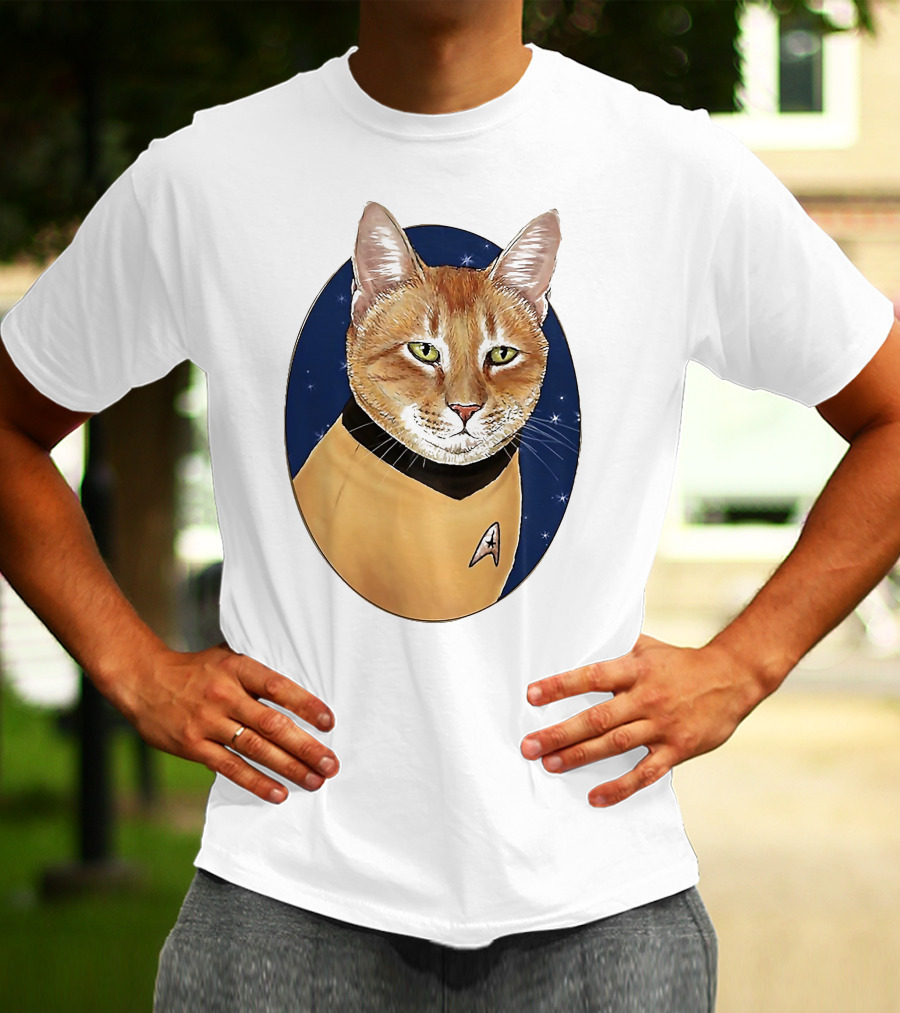 Star Trek Cat In Captain Uniform With Emblem On Starry Background T-Shirt