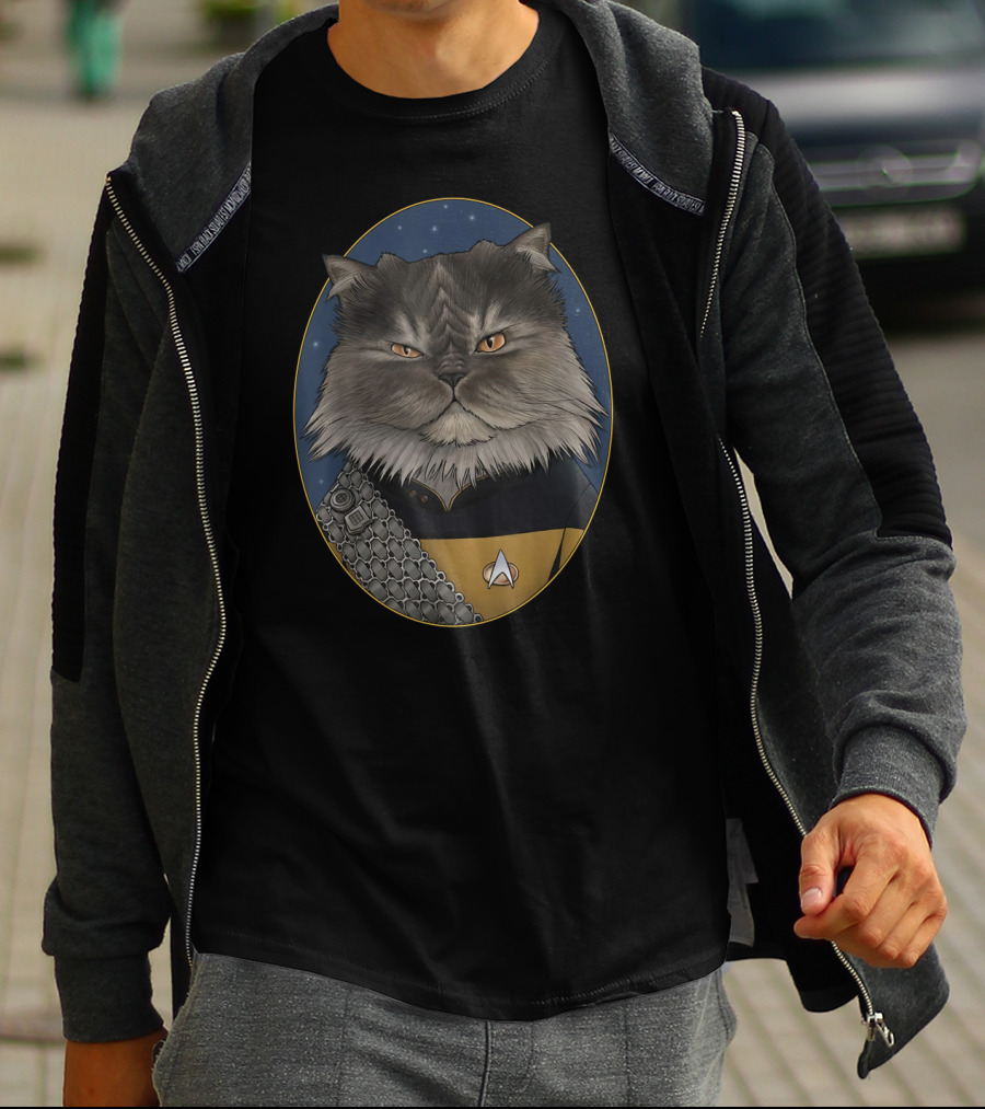Star Trek Worf Cat In Starfleet Uniform With Klingon Sash And Emblem T-Shirt