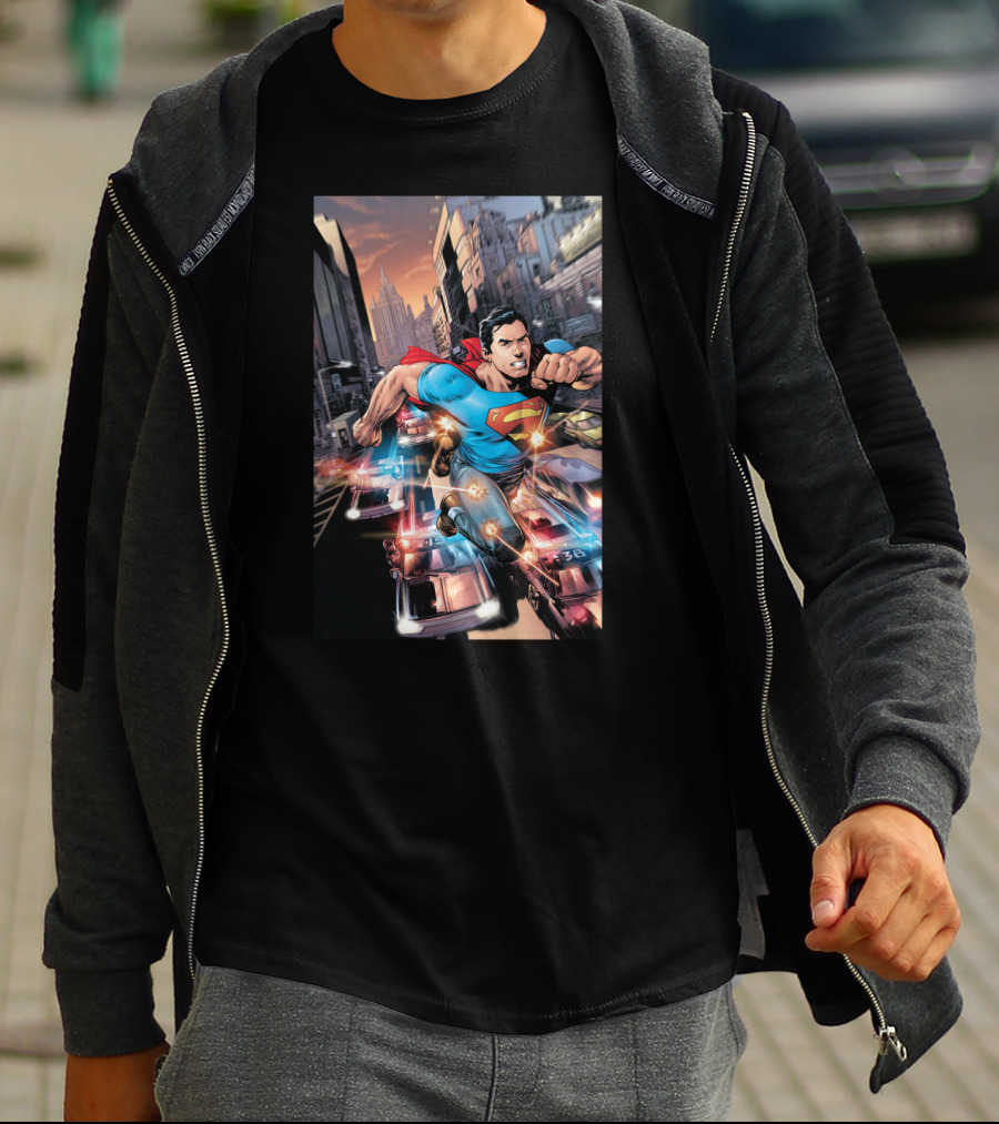DC Comics Superman Flying Through Urban City With Police Cars T-Shirt