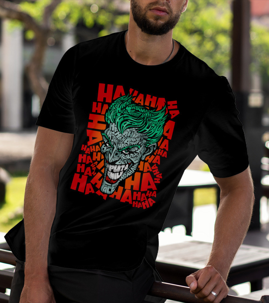 DC Comics Joker Haha Text Fill Green Hair Face Iconic Laugh Background T-Shirt
