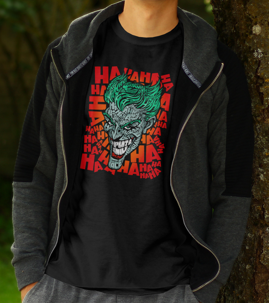 DC Comics Joker Haha Text Fill Green Hair Face Iconic Laugh Background T-Shirt