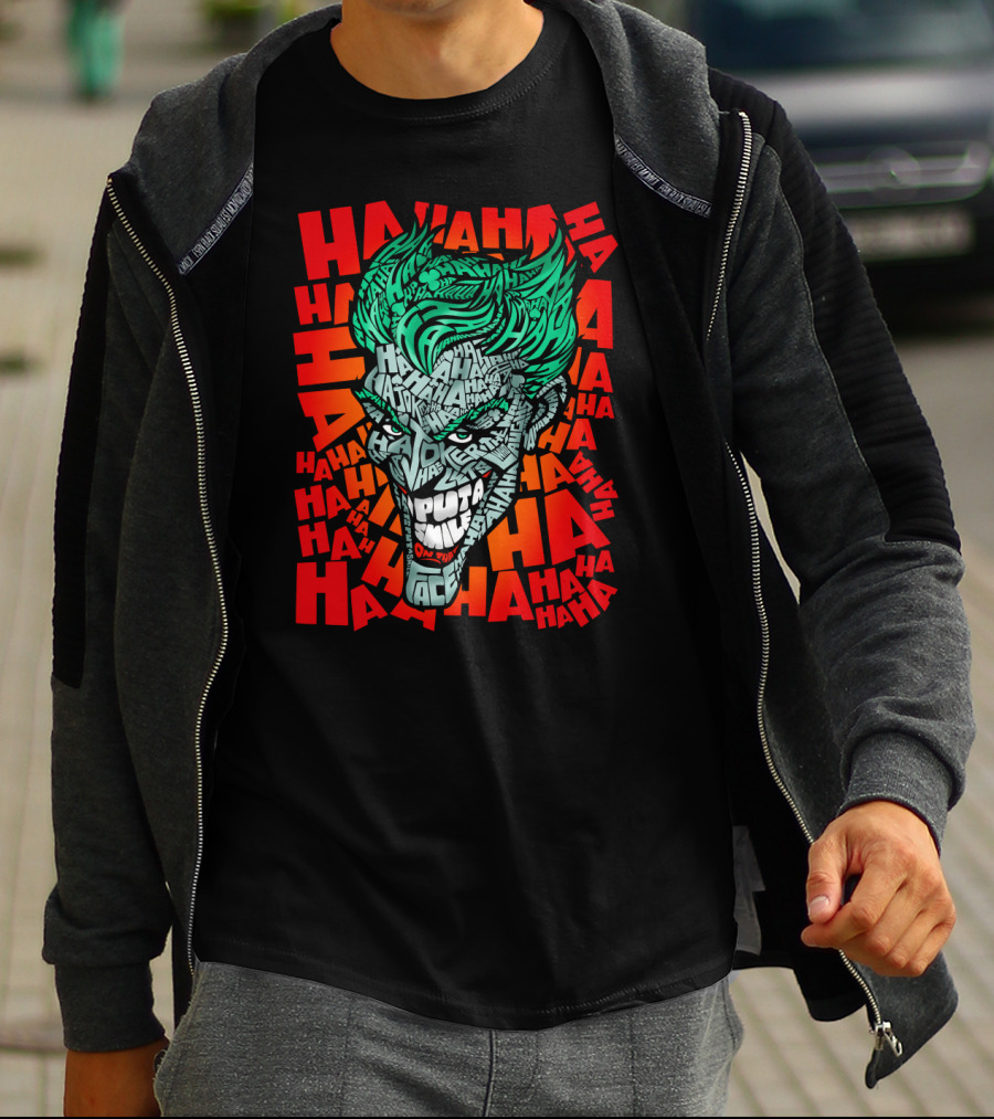 DC Comics Joker Haha Text Fill Green Hair Face Iconic Laugh Background T-Shirt