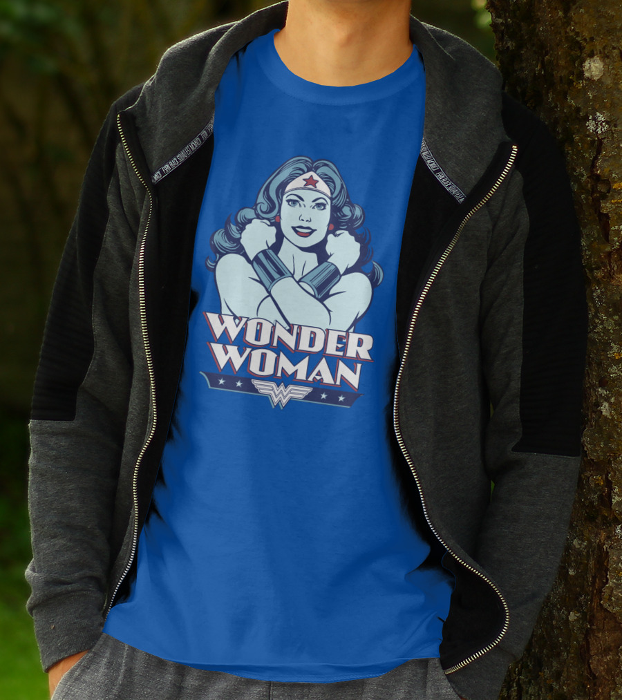 WONDER WOMAN Retro Blue Crossover Illustration With Star Headband And Arm Bracelets T-Shirt