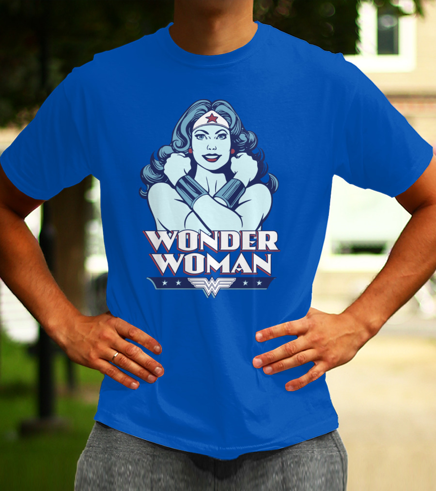 WONDER WOMAN Retro Blue Crossover Illustration With Star Headband And Arm Bracelets T-Shirt