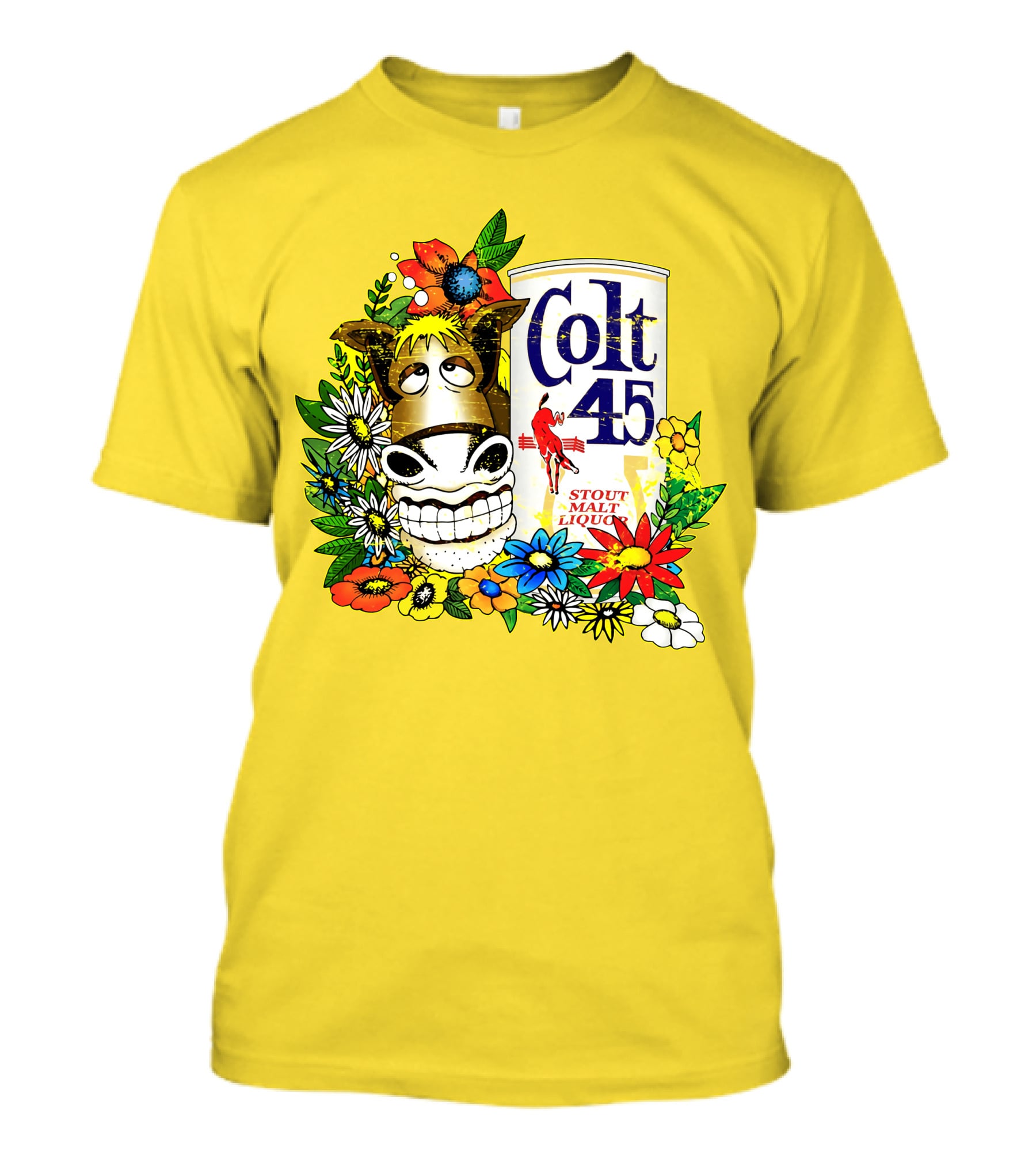 Colt 45 Malt Liquor With Cartoon Horse And Colorful Floral Background T-Shirt