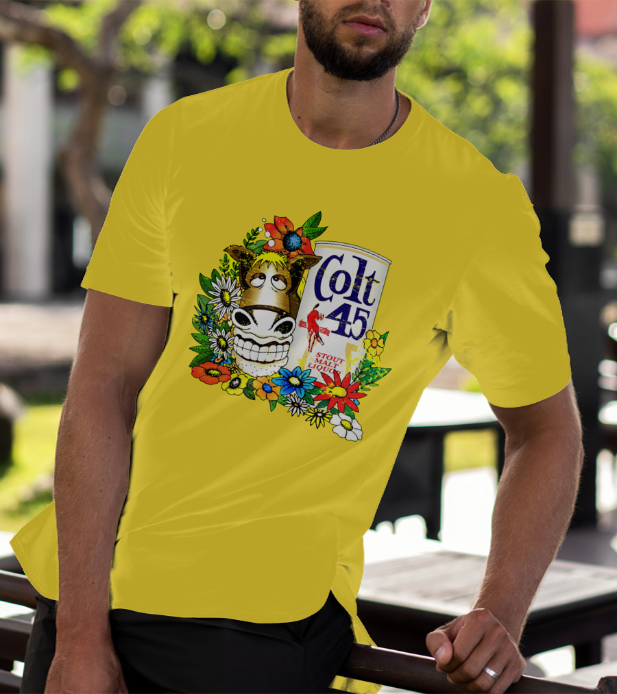 Colt 45 Malt Liquor With Cartoon Horse And Colorful Floral Background T-Shirt