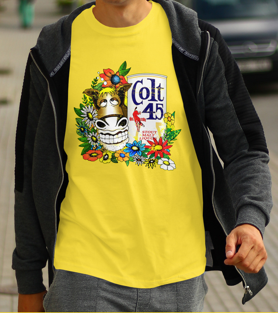 Colt 45 Malt Liquor With Cartoon Horse And Colorful Floral Background T-Shirt