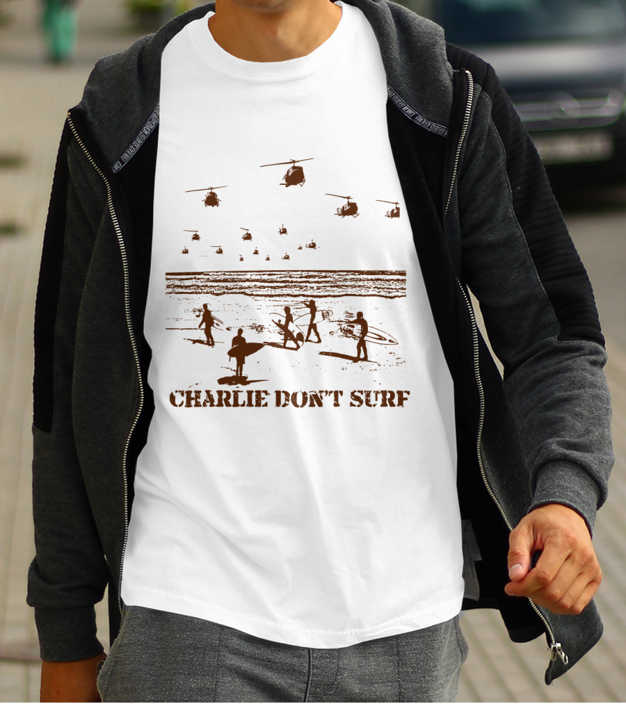03 Apocalypse Now Charlie Don't Surf Helicopters And Surfers Gold T-Shirt