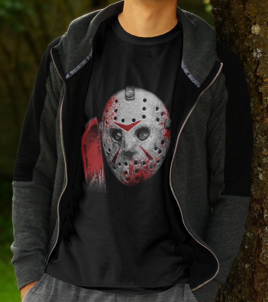 Friday The 13th Movie Jason Voorhees Mask With Bloody Machete Face T-Shirt