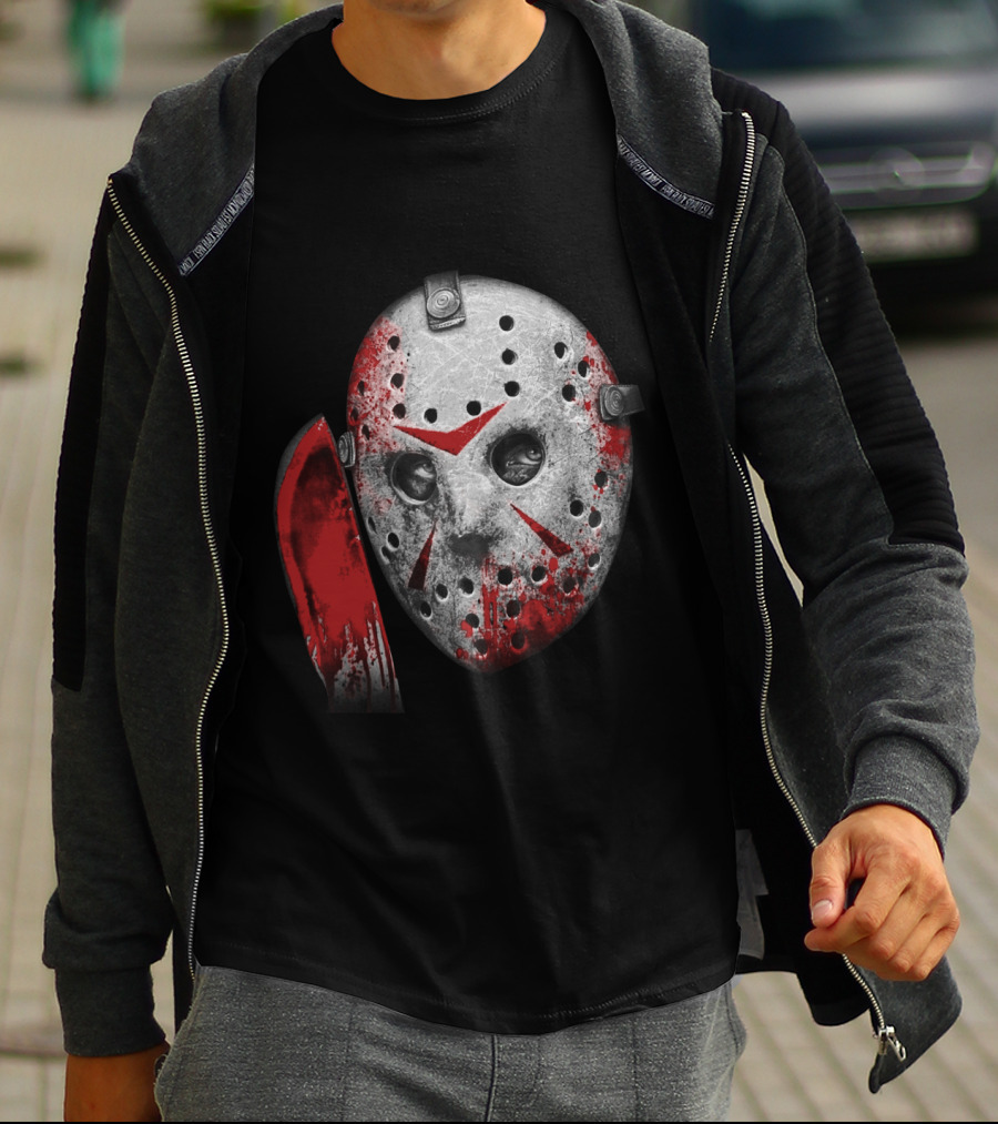 Friday The 13th Movie Jason Voorhees Mask With Bloody Machete Face T-Shirt