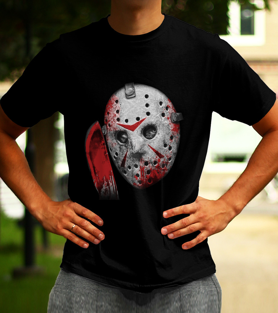Friday The 13th Movie Jason Voorhees Mask With Bloody Machete Face T-Shirt
