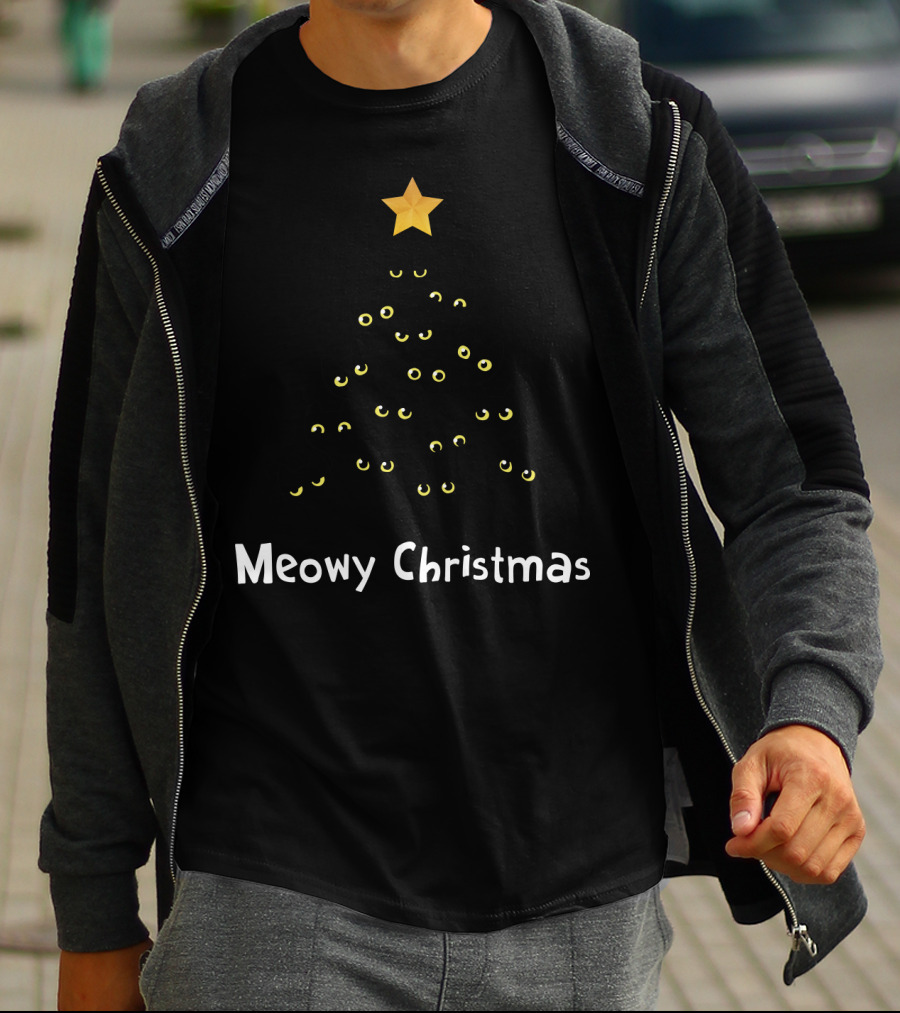 Meowy Christmas Cat Tree With Yellow Eyes And Star Topper T-Shirt