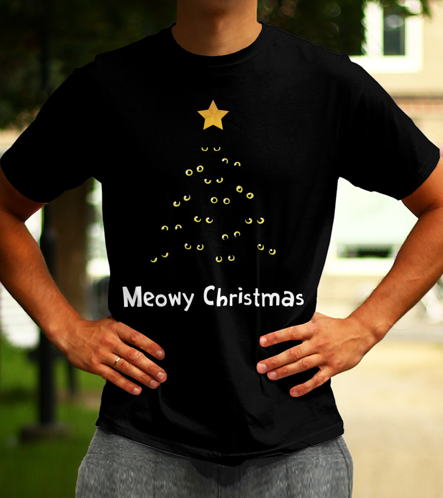 Meowy Christmas Cat Tree With Yellow Eyes And Star Topper T-Shirt