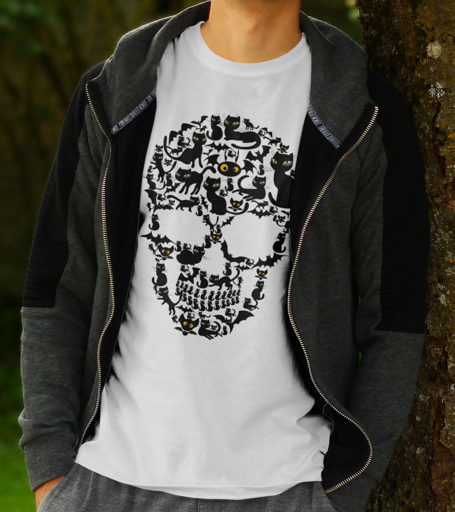 Cat Skull Halloween Black Cats And Bats T-Shirt
