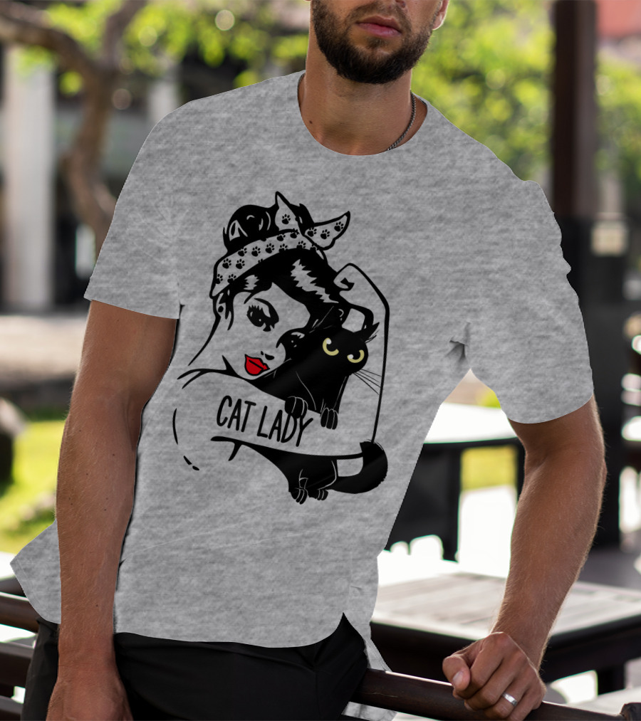Cat Lady Retro Style With Black Cat And Polka Dot Bandana T-Shirt