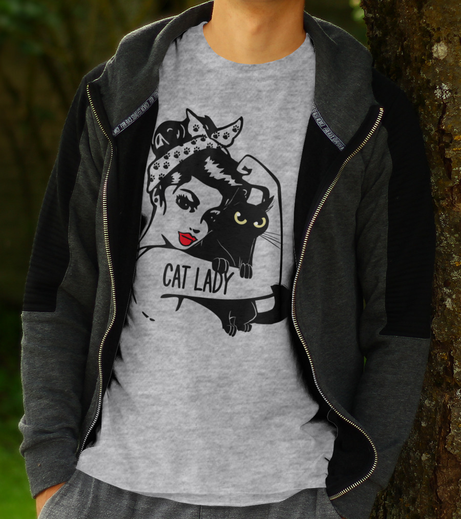 Cat Lady Retro Style With Black Cat And Polka Dot Bandana T-Shirt