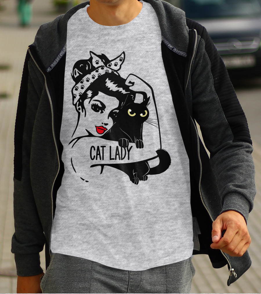 Cat Lady Retro Style With Black Cat And Polka Dot Bandana T-Shirt