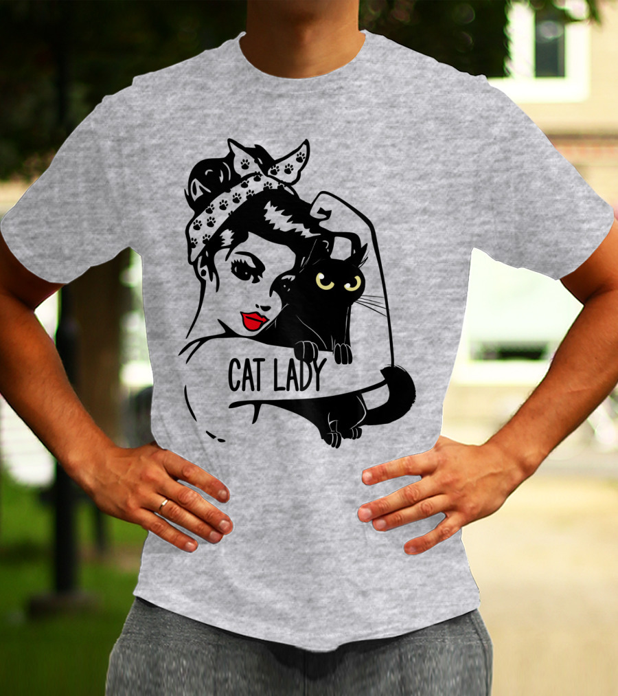 Cat Lady Retro Style With Black Cat And Polka Dot Bandana T-Shirt