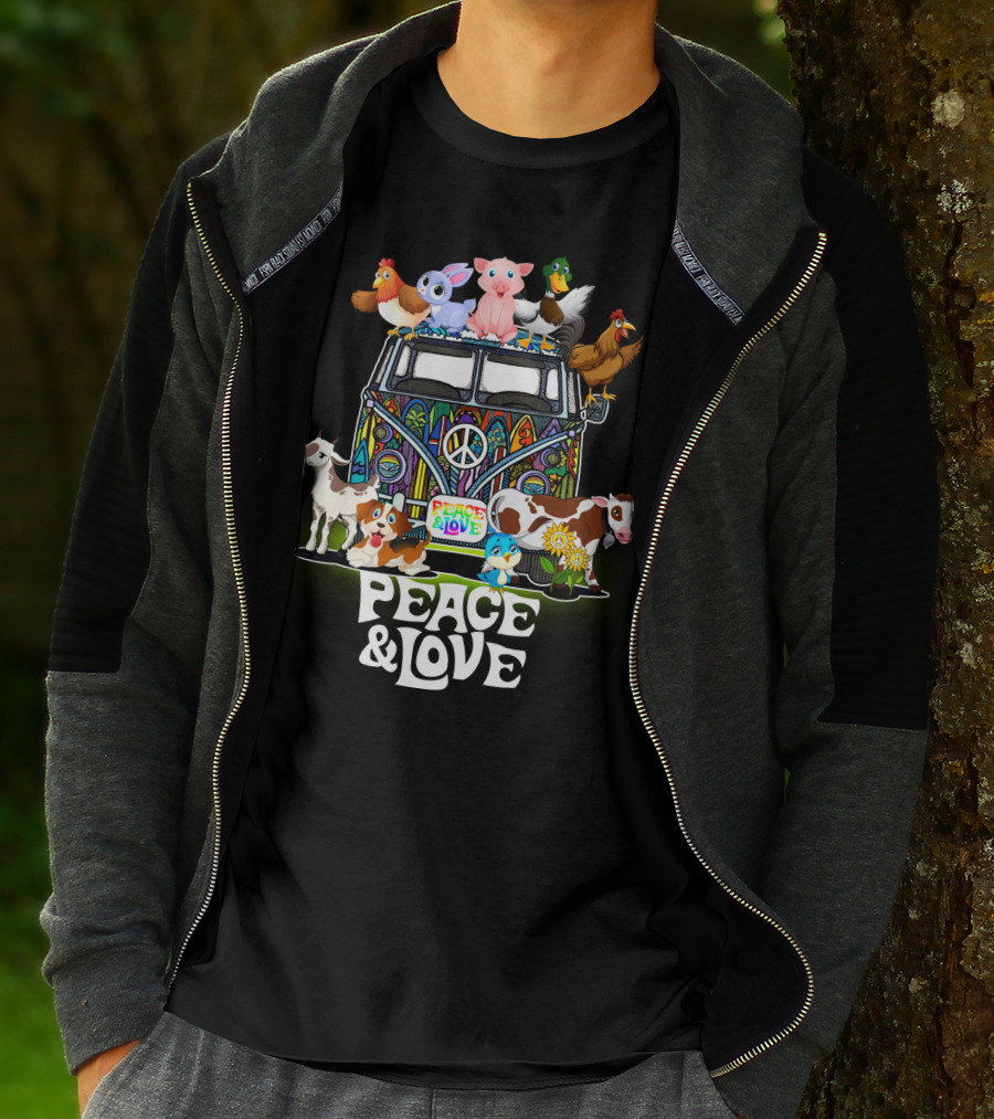 PEACE AND LOVE FARMER ANIMALS VAN WITH PEACE SIGN T-Shirt
