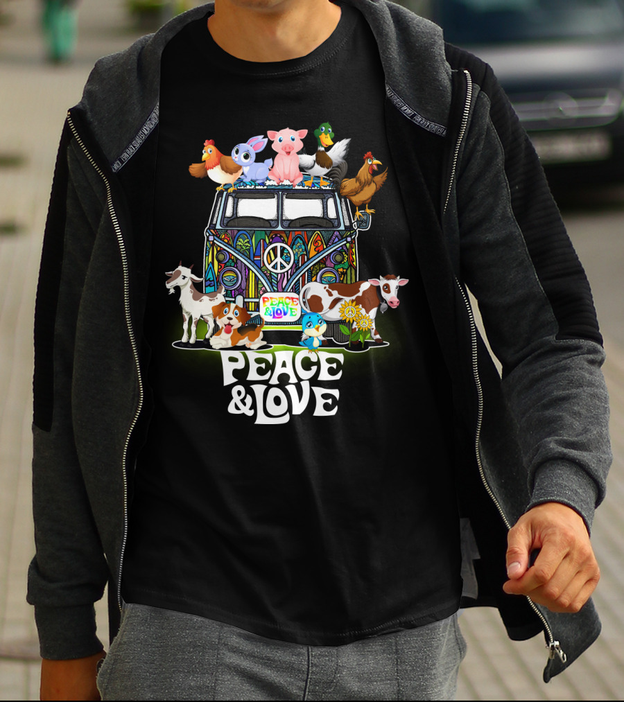 PEACE AND LOVE FARMER ANIMALS VAN WITH PEACE SIGN T-Shirt