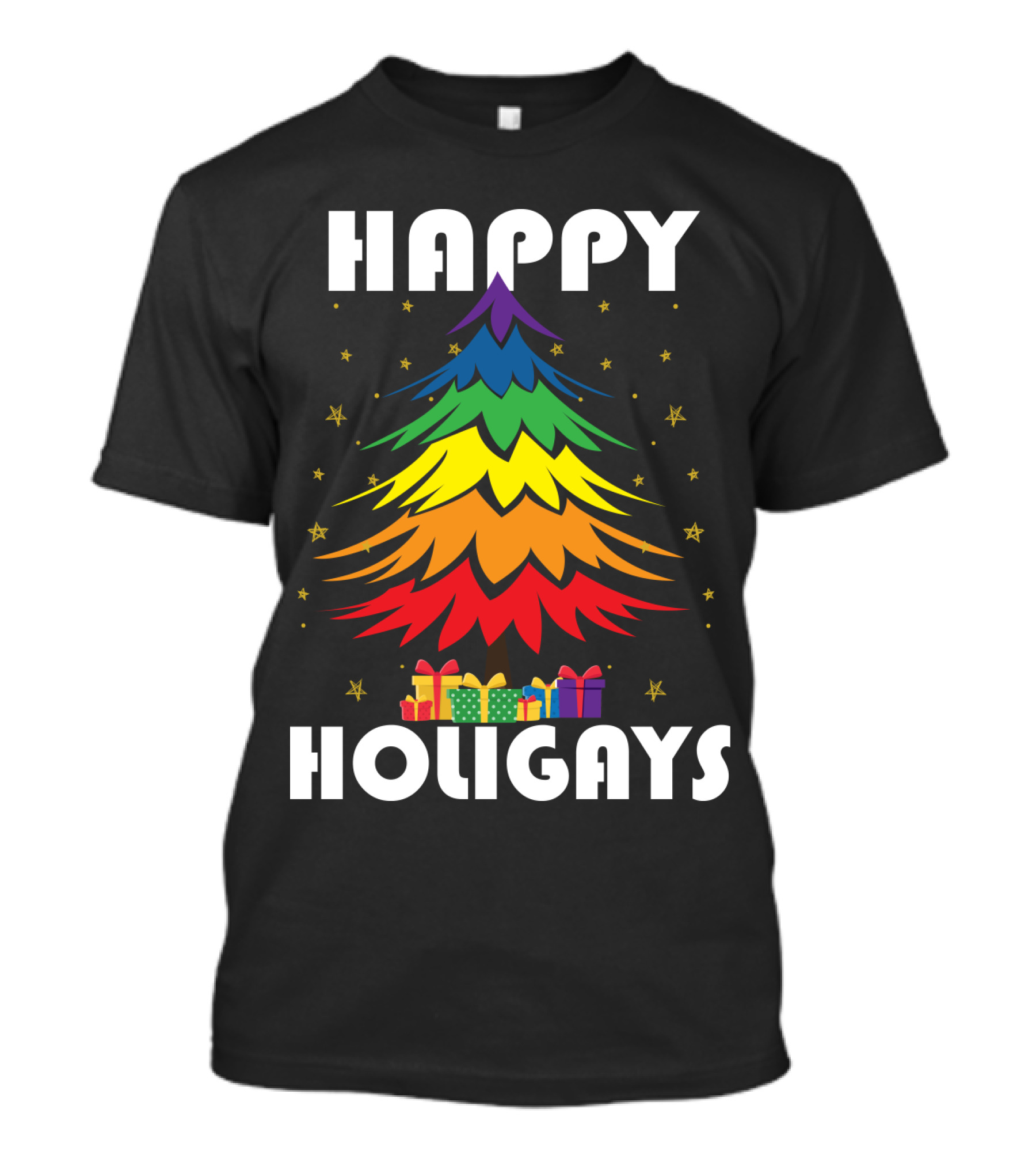 Happy Holigays Rainbow Christmas Tree And Presents T-Shirt
