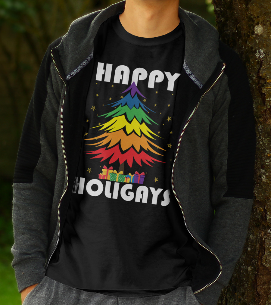 Happy Holigays Rainbow Christmas Tree And Presents T-Shirt