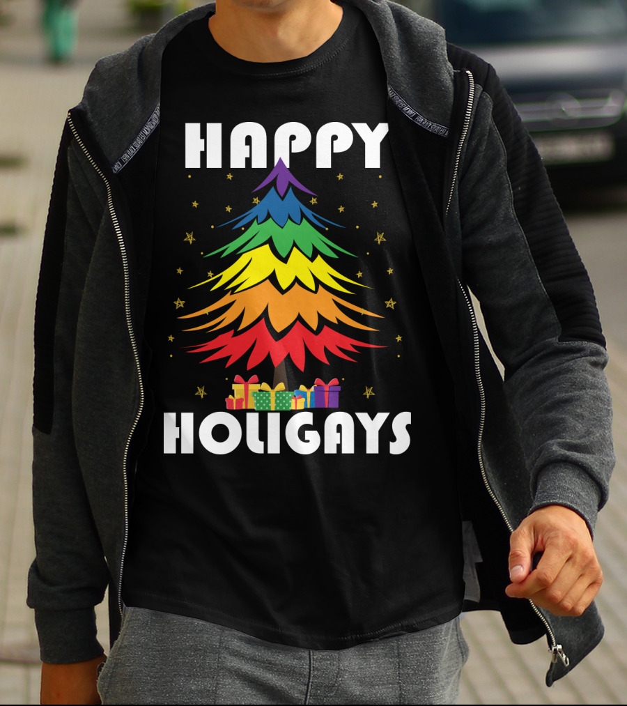 Happy Holigays Rainbow Christmas Tree And Presents T-Shirt