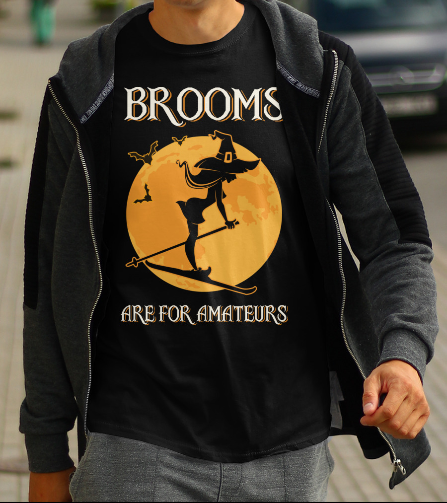 Brooms Are For Amateurs Witch Skiing Silhouette Halloween Moon T-Shirt