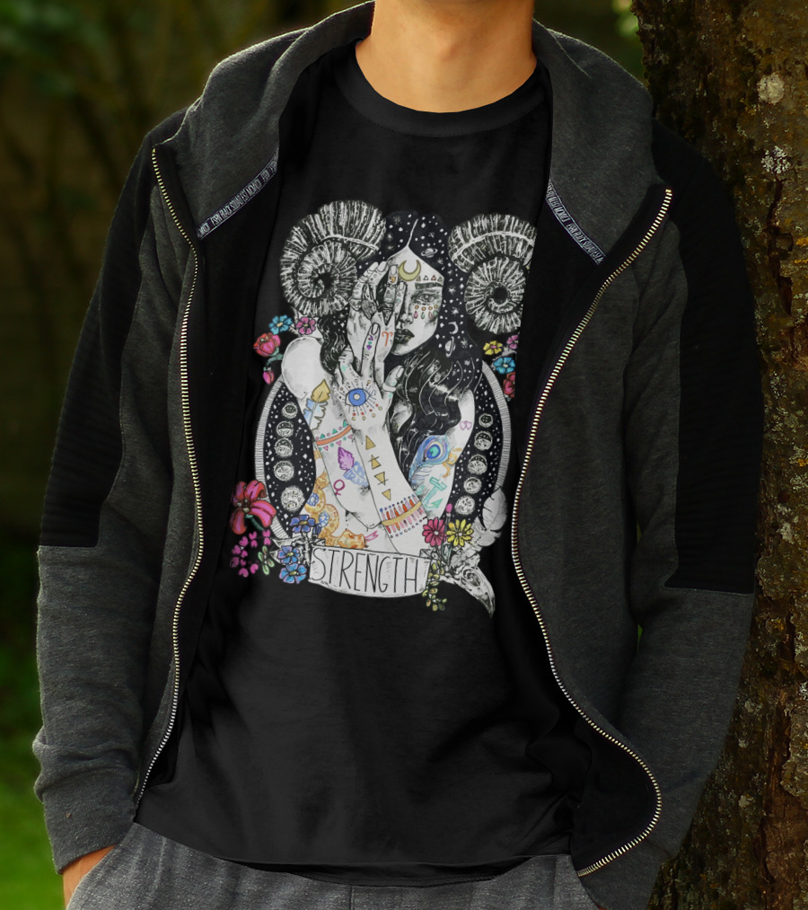 Strength Zodiac Goddess With Symbols And Flowers T-Shirt