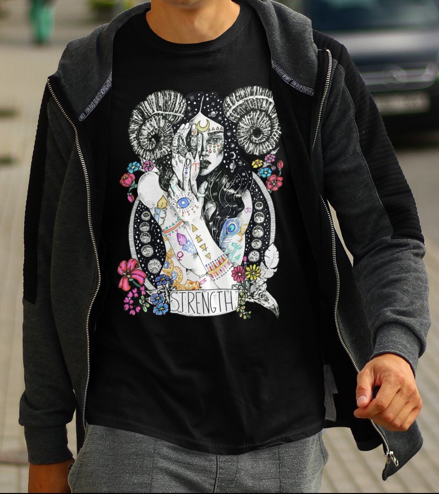 Strength Zodiac Goddess With Symbols And Flowers T-Shirt