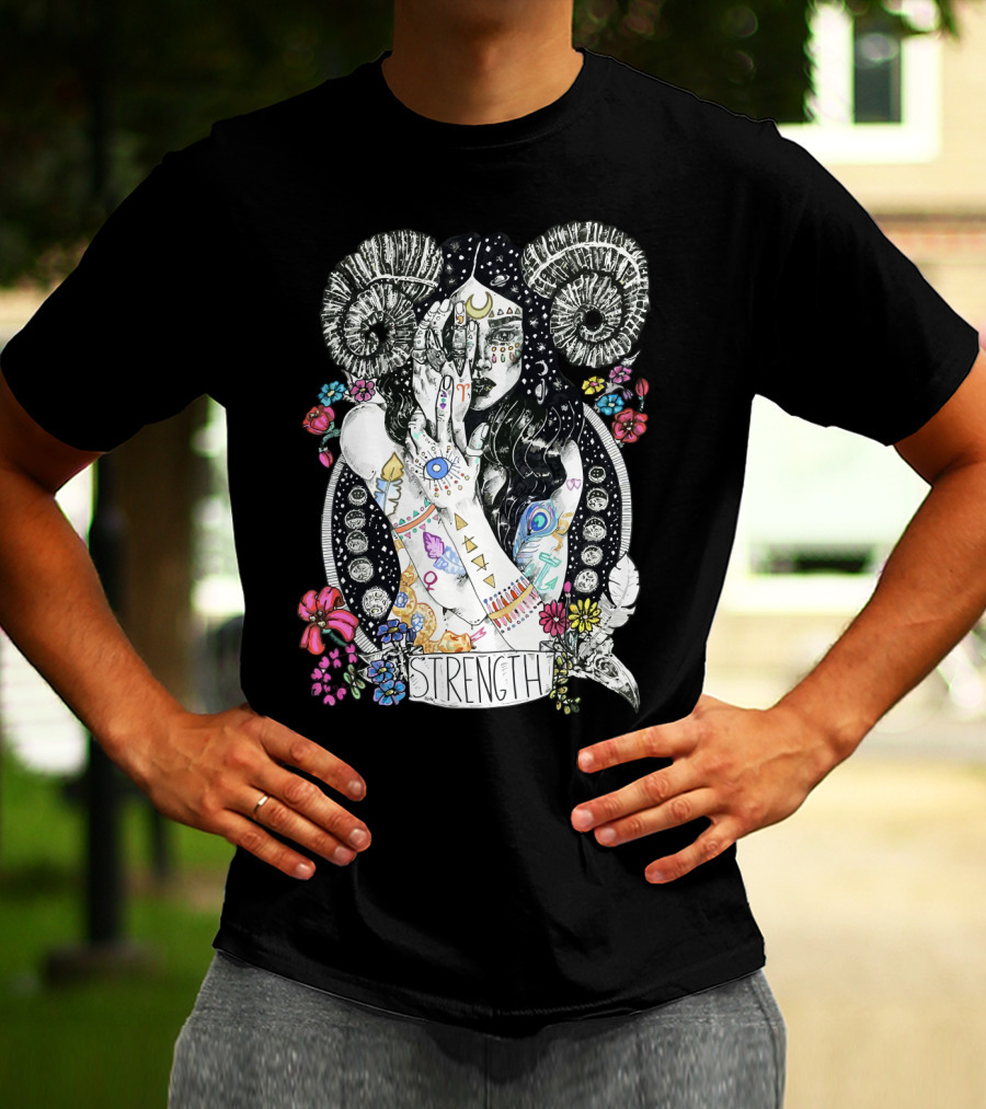 Strength Zodiac Goddess With Symbols And Flowers T-Shirt