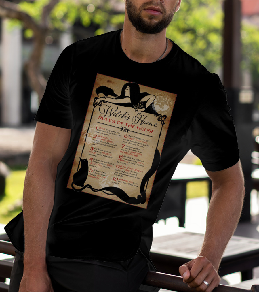 Witch's Home Rules Of The House Guide With Black Cat, Raven, Potion, Magic, And Enchanting Text Elements T-Shirt