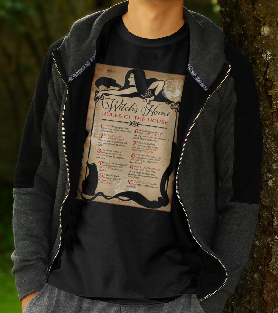 Witch's Home Rules Of The House Guide With Black Cat, Raven, Potion, Magic, And Enchanting Text Elements T-Shirt