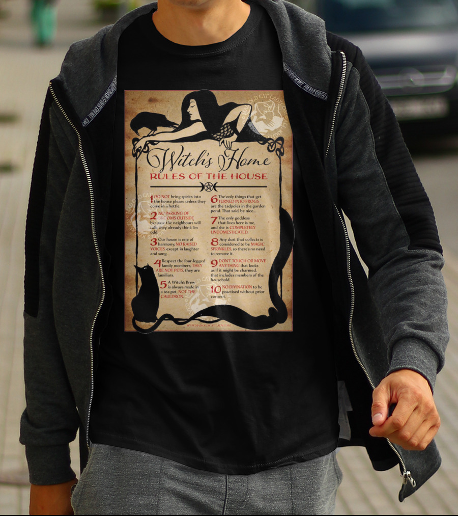Witch's Home Rules Of The House Guide With Black Cat, Raven, Potion, Magic, And Enchanting Text Elements T-Shirt
