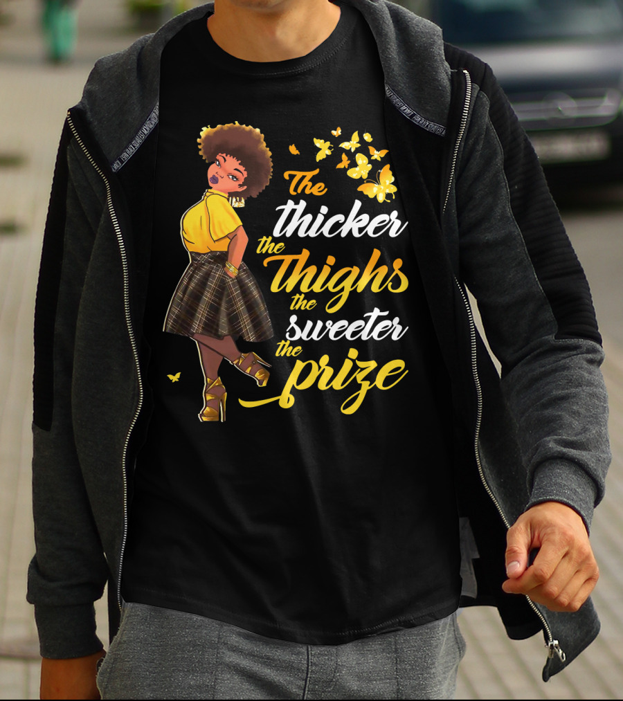 The Thicker The Thighs The Sweeter The Prize Butterfly Woman In Yellow And Plaid Skirt T-Shirt