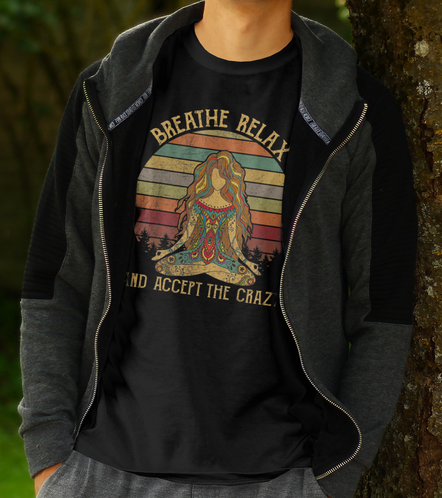 Breathe Relax And Accept The Crazy Yoga Vintage Meditative Woman In Rainbow Stripes T-Shirt