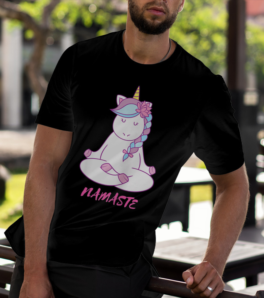 Namaste Unicorn Meditation Yoga Pose With Om Symbol And Flower Mane T-Shirt