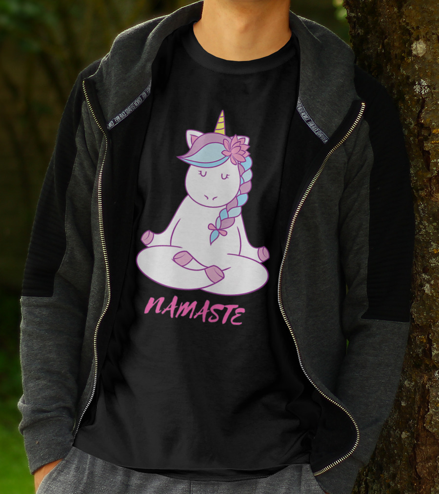 Namaste Unicorn Meditation Yoga Pose With Om Symbol And Flower Mane T-Shirt