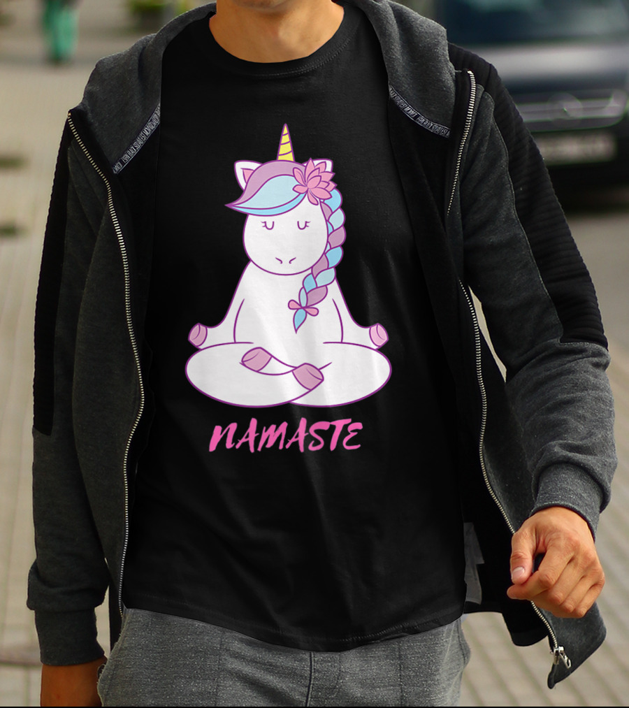 Namaste Unicorn Meditation Yoga Pose With Om Symbol And Flower Mane T-Shirt