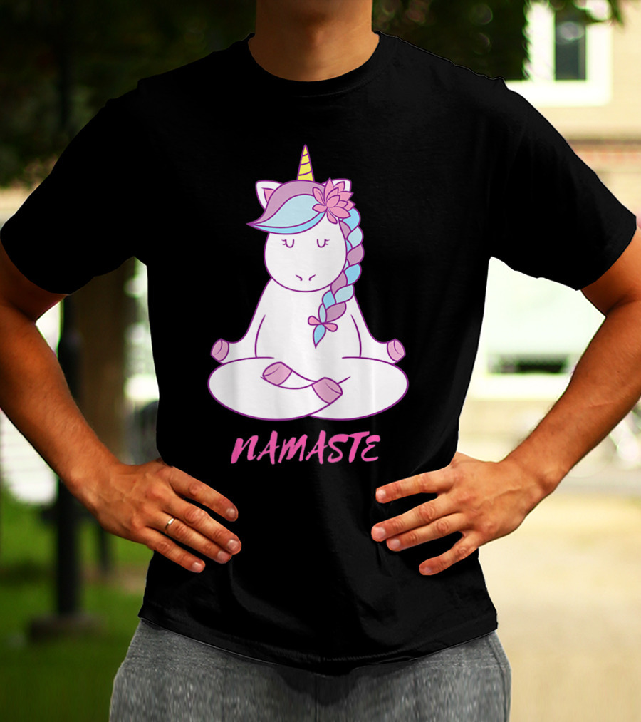 Namaste Unicorn Meditation Yoga Pose With Om Symbol And Flower Mane T-Shirt