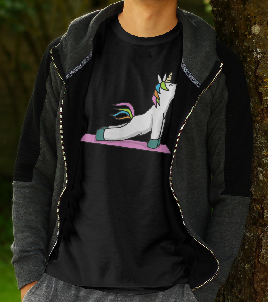 Cute Yoga Unicorn Meditation Fitness Pose With Rainbow Mane T-Shirt