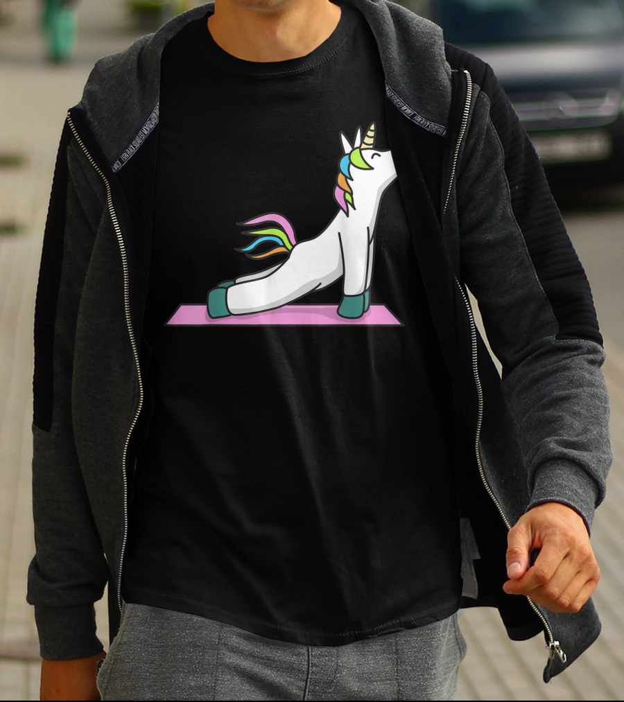Cute Yoga Unicorn Meditation Fitness Pose With Rainbow Mane T-Shirt