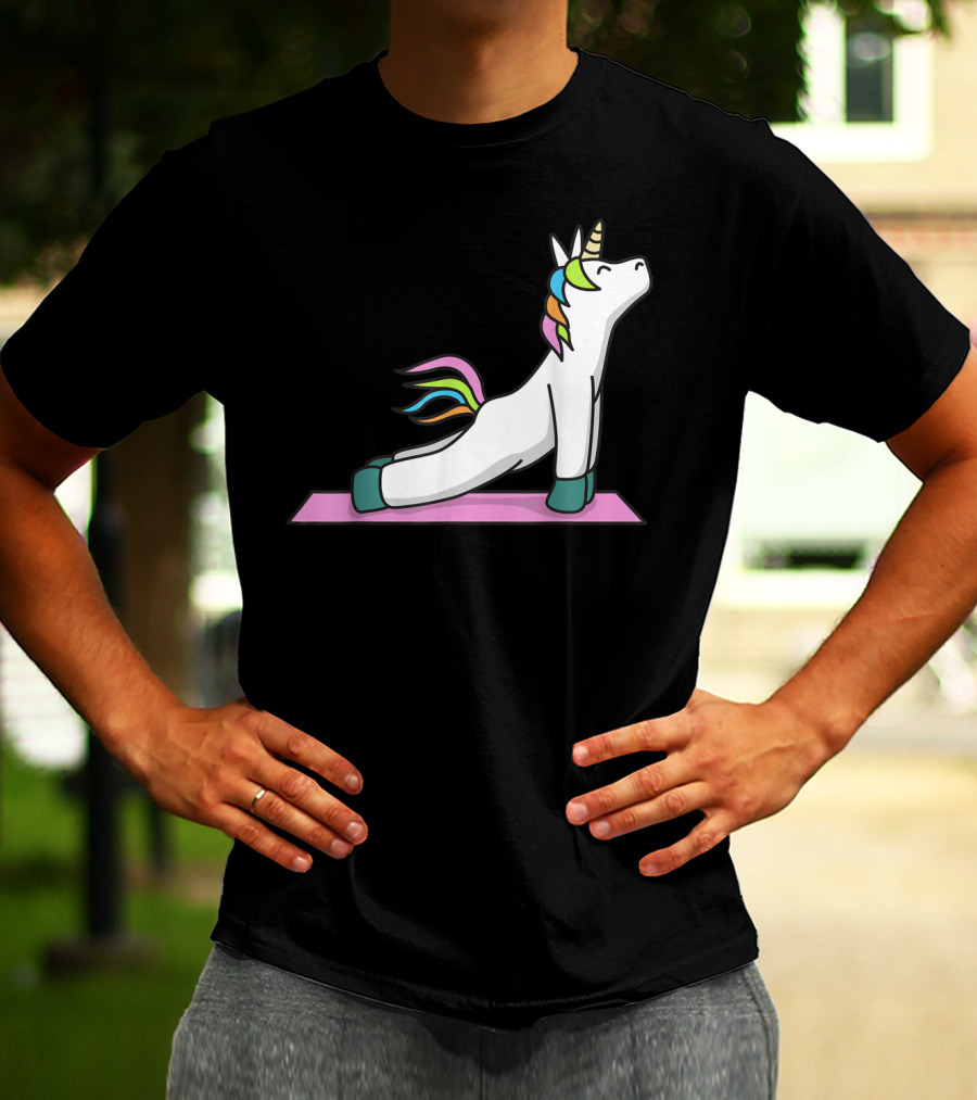 Cute Yoga Unicorn Meditation Fitness Pose With Rainbow Mane T-Shirt