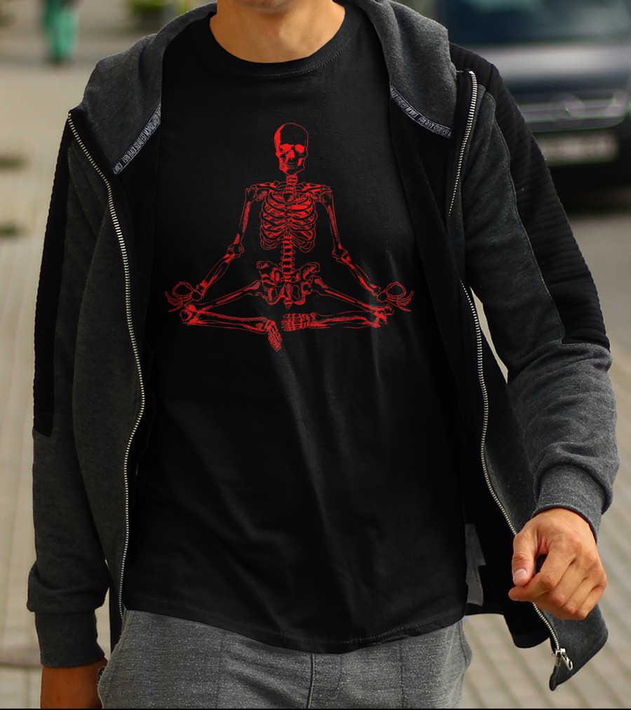 Halloween Meditating Skeleton Red Funny Freaky T-Shirt